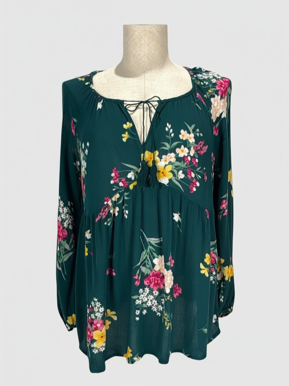 Old Navy Floral Blouse womens Sz Med Peasant Top tasseled tie Cottagecore Boho